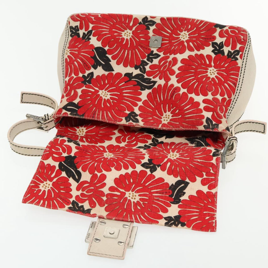 FENDI Mamma Baguette Shoulder Bag Canvas Leather Red White Silver 95392