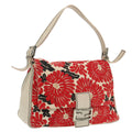 FENDI Mamma Baguette Shoulder Bag Canvas Leather Red White Silver 95392