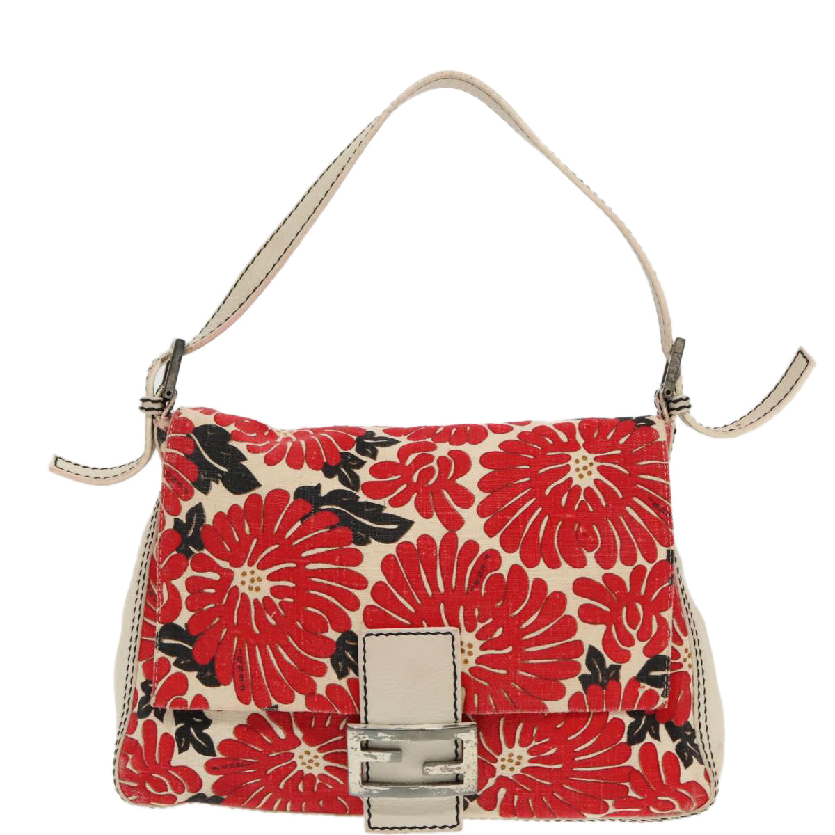 FENDI Mamma Baguette Shoulder Bag Canvas Leather Red White Silver 95392