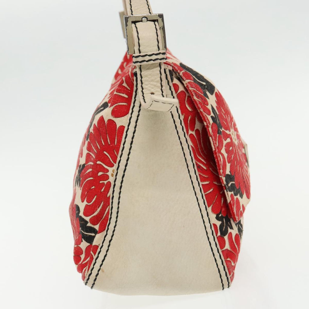 FENDI Mamma Baguette Shoulder Bag Canvas Leather Red White Silver 95392