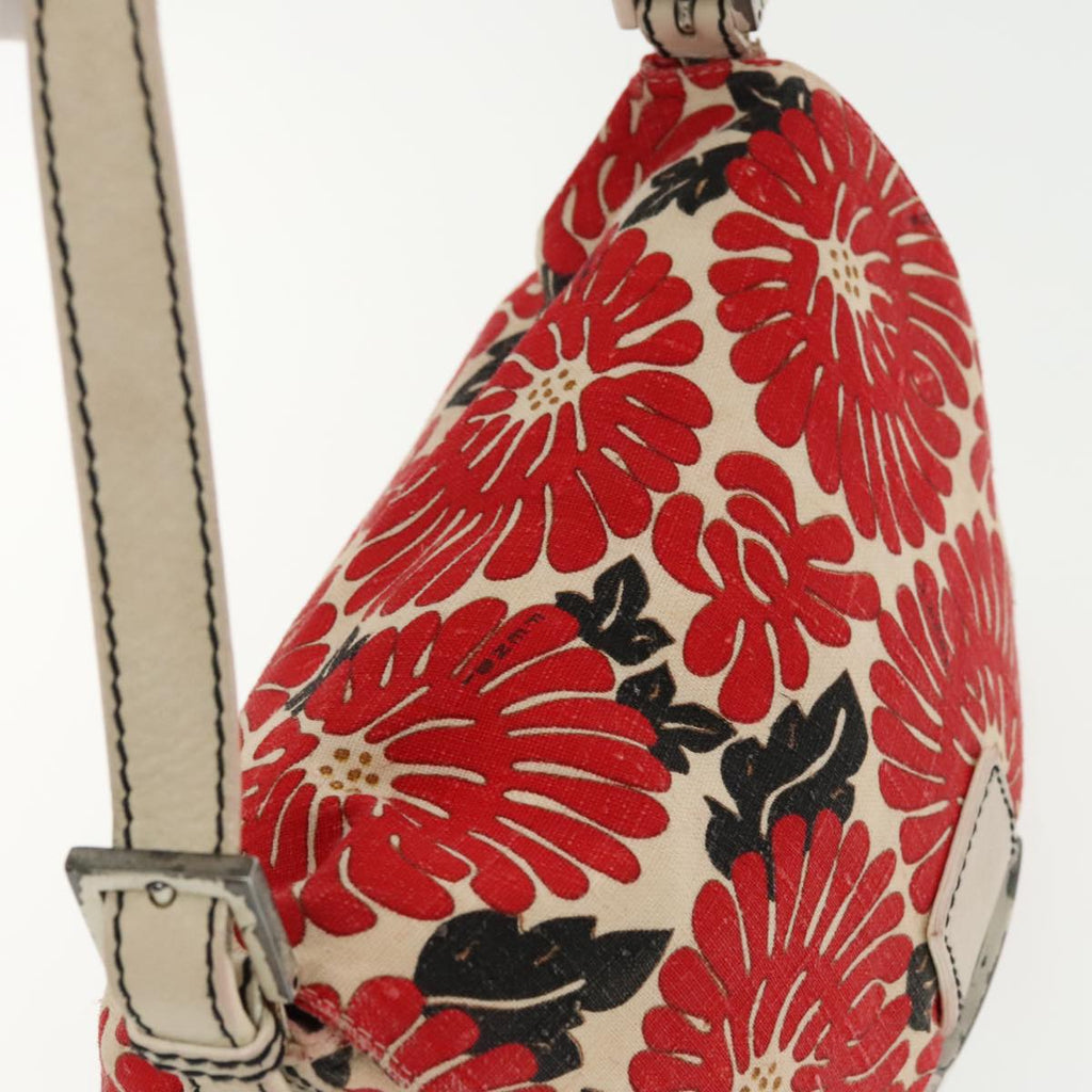 FENDI Mamma Baguette Shoulder Bag Canvas Leather Red White Silver 95392