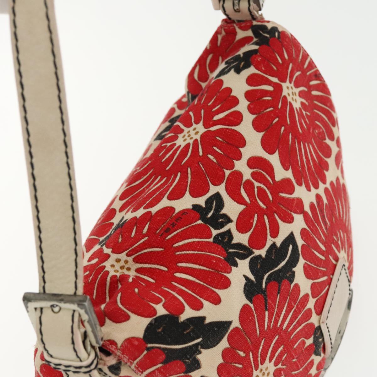 FENDI Mamma Baguette Shoulder Bag Canvas Leather Red White Silver 95392