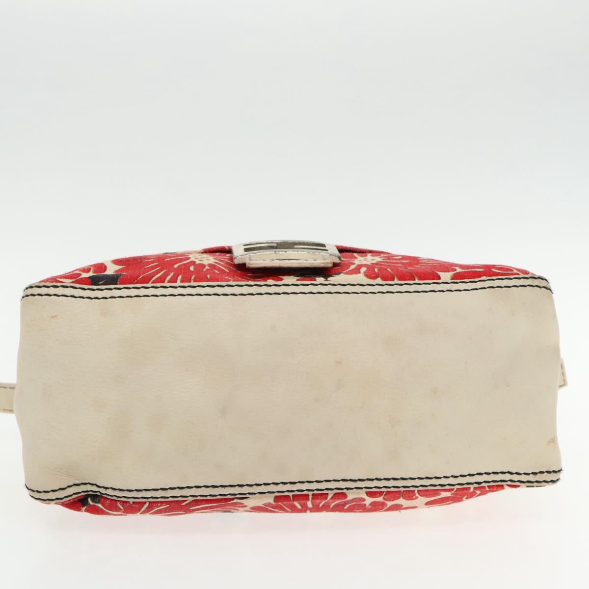 FENDI Mamma Baguette Shoulder Bag Canvas Leather Red White Silver 95392