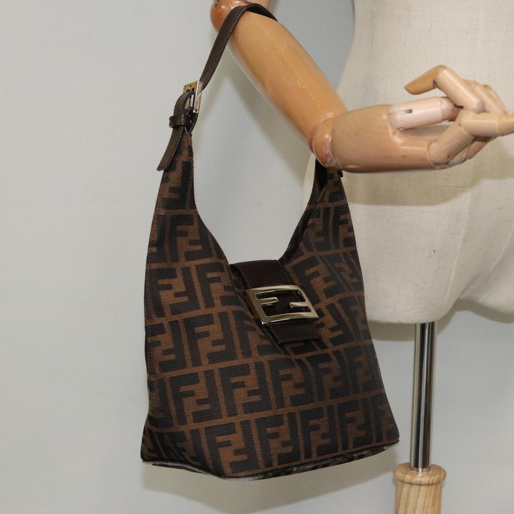 FENDI Zucca Canvas Mamma Baguette Shoulder Bag Brown Black Silver 95448