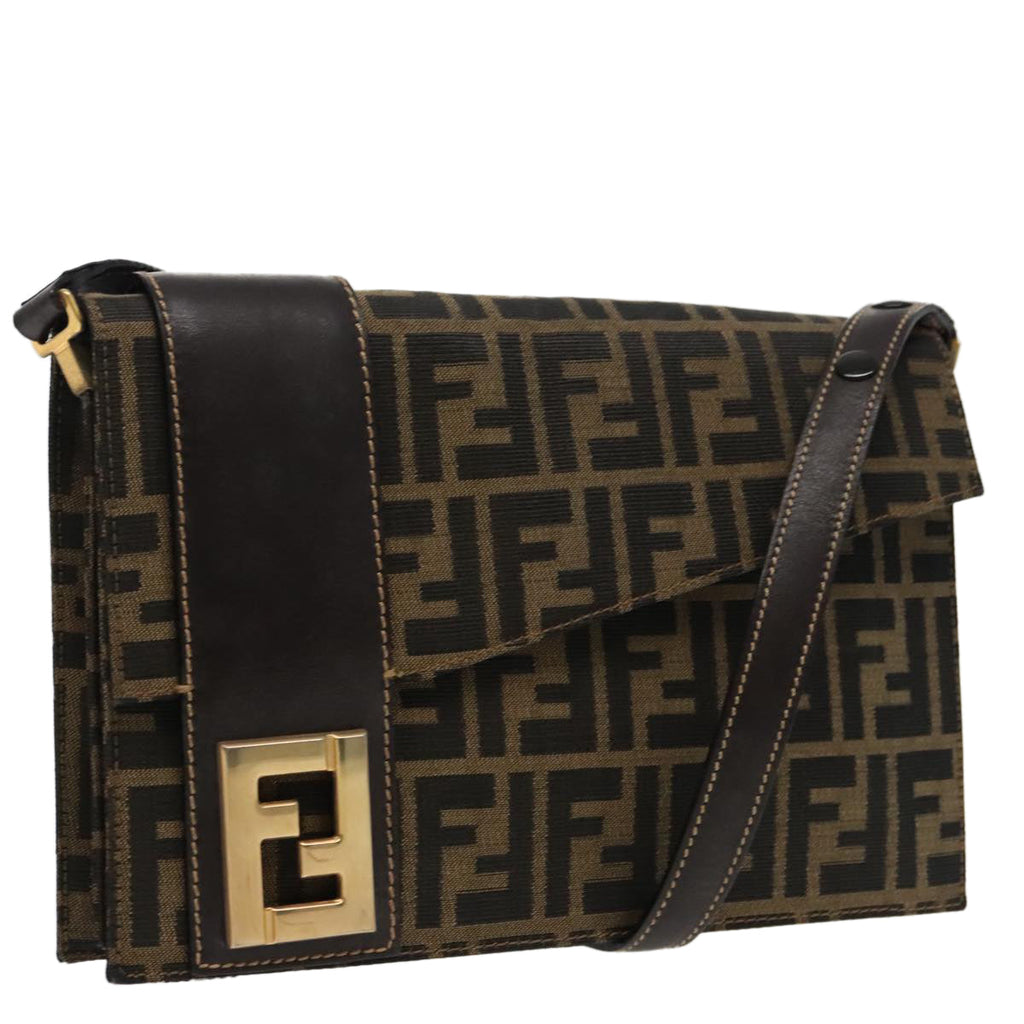 FENDI Zucca Canvas Shoulder Bag Brown Black gold 95519