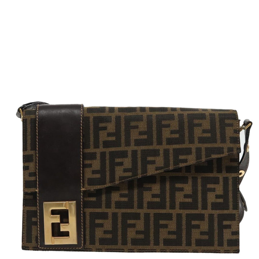FENDI Zucca Canvas Shoulder Bag Brown Black gold 95519