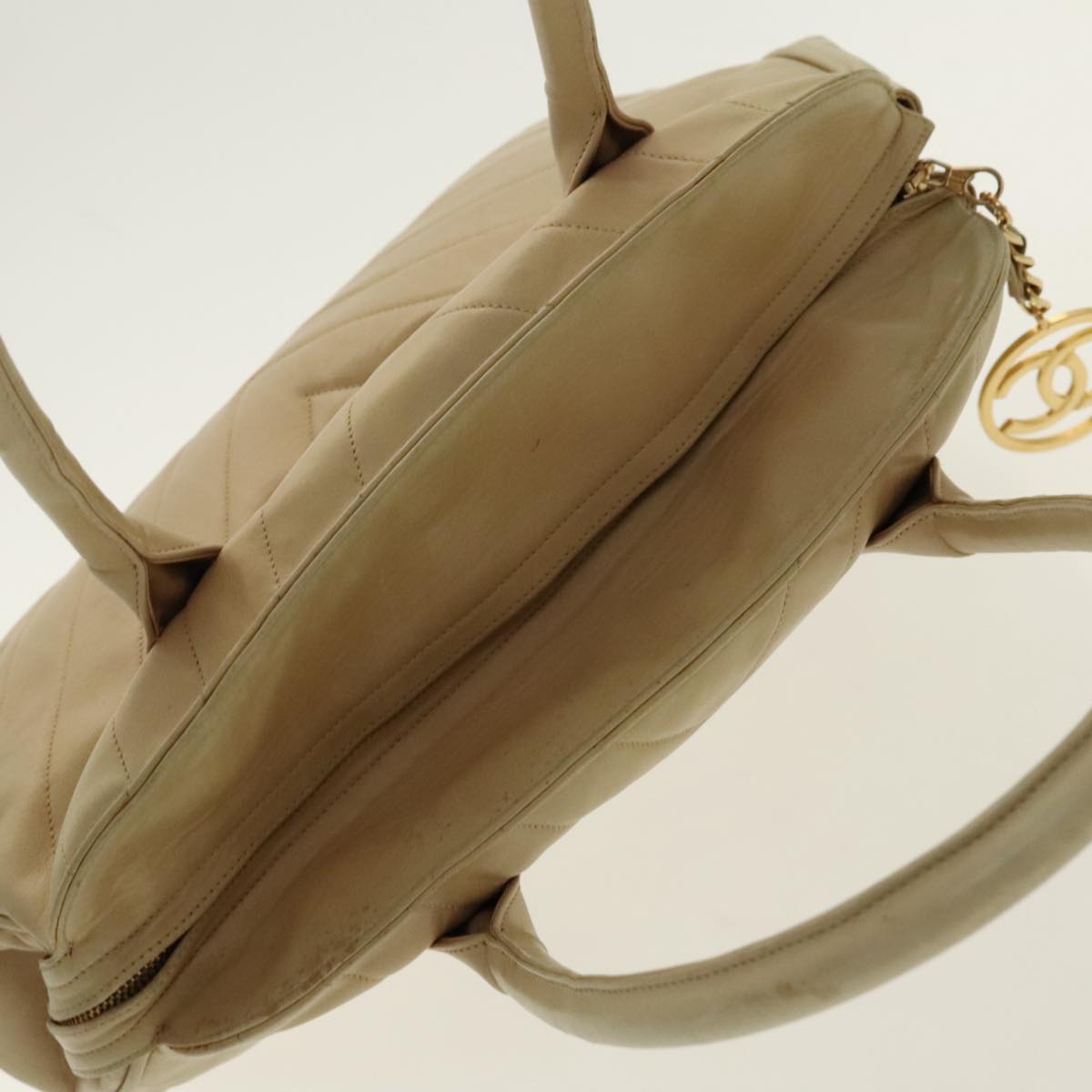 CHANEL V Stitch Hand Bag Lamb Skin Beige Gold CC 95608