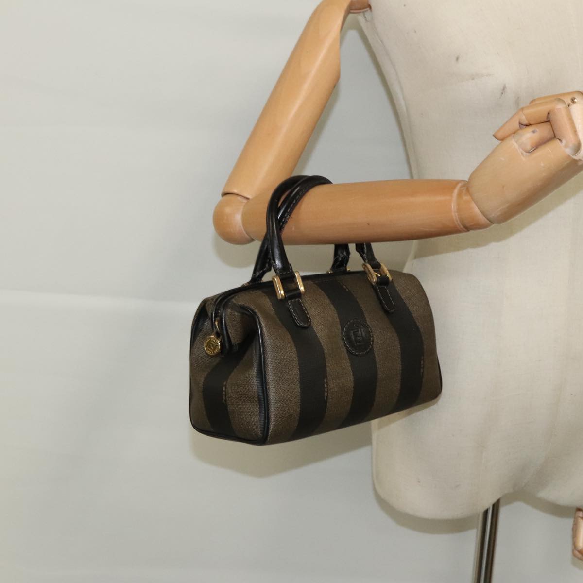 FENDI Pecan Canvas Mini Hand Bag Brown Black gold 95610
