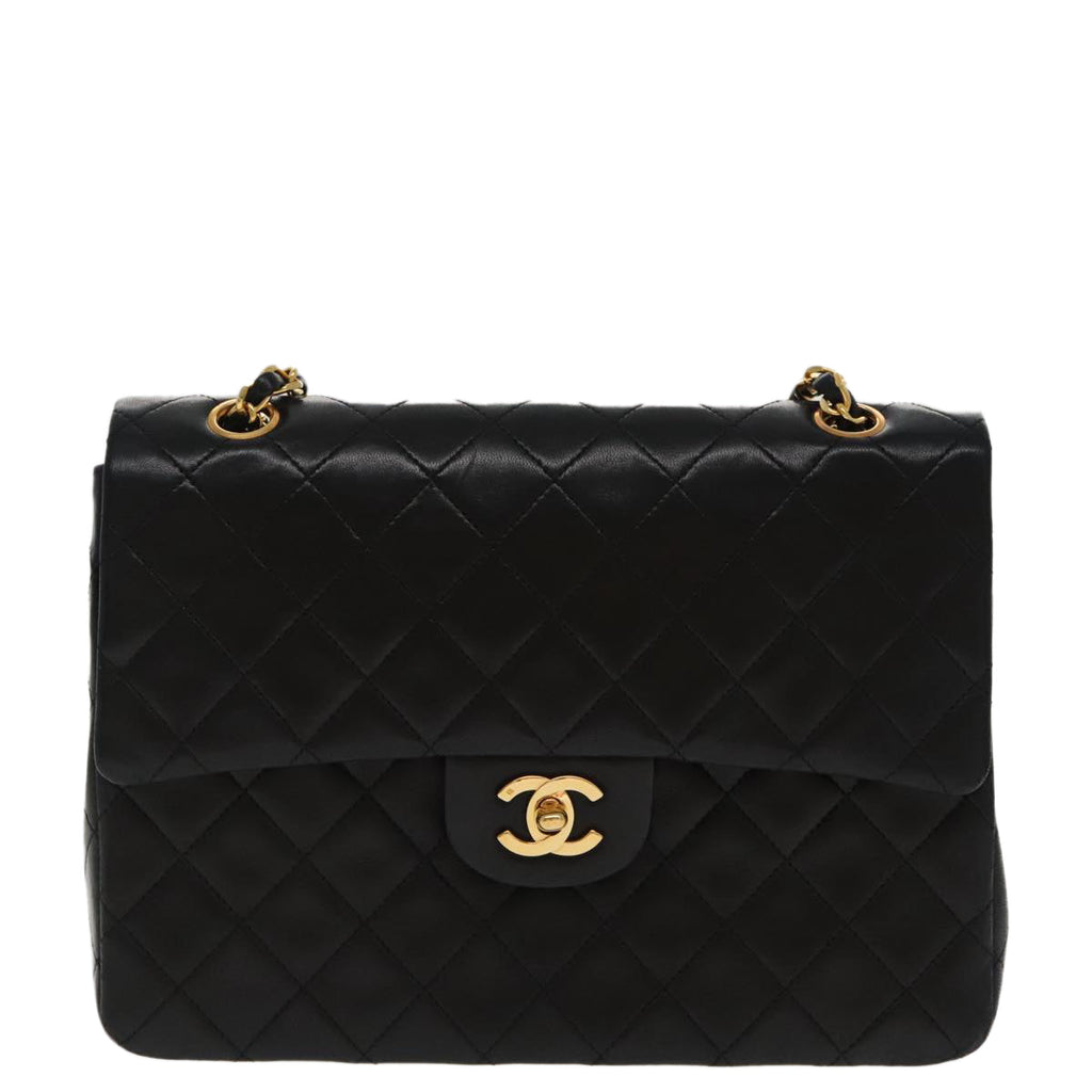 CHANEL Matelasse Chain Hand Bag Lamb Skin Black Gold CC 95715A