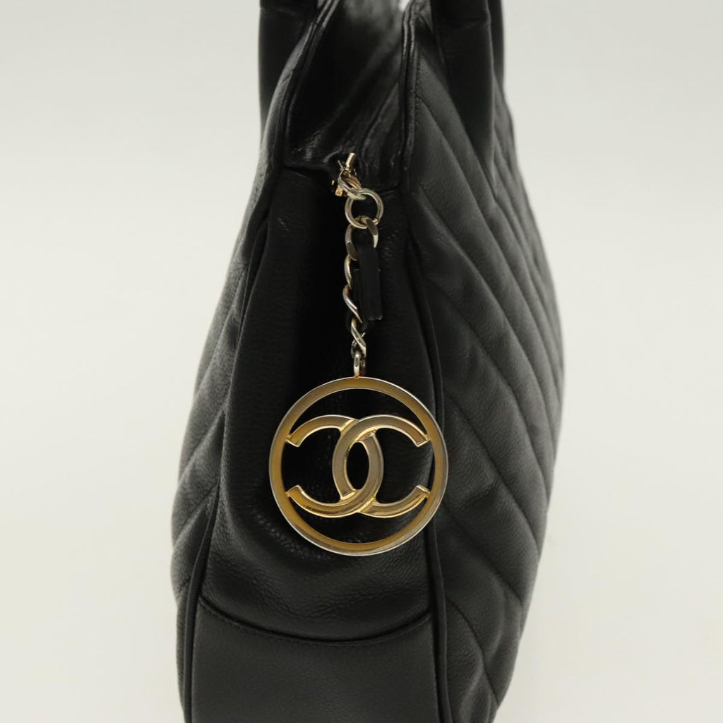 CHANEL V Stitch Hand Bag Caviar Skin Black Gold CC 95729