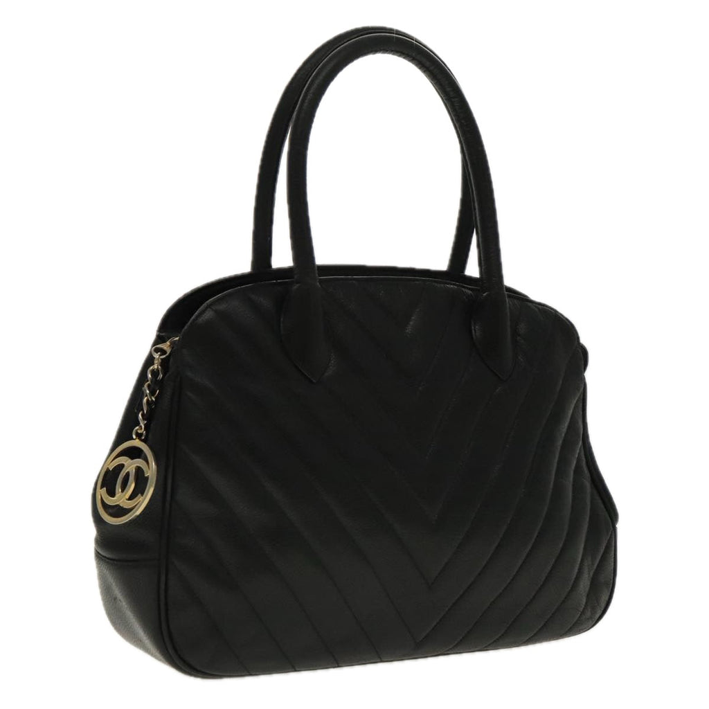 CHANEL V Stitch Hand Bag Caviar Skin Black Gold CC 95729