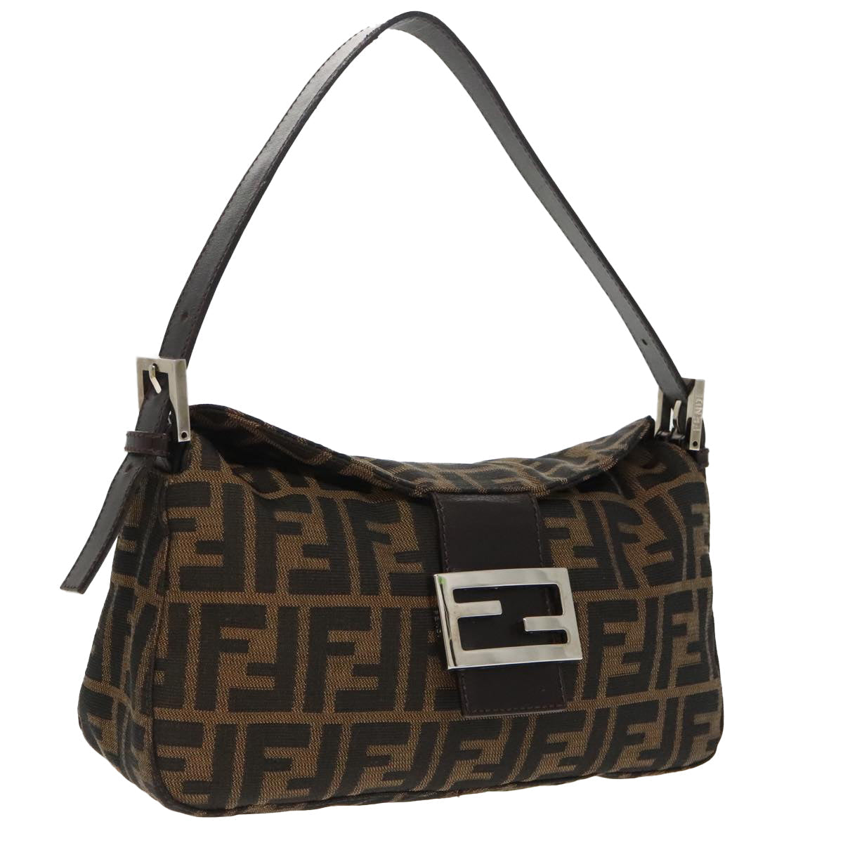 FENDI Zucca Canvas Mamma Baguette Shoulder Bag Black Brown Silver 95783A