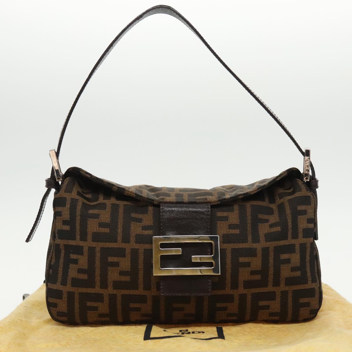 FENDI Zucca Canvas Mamma Baguette Shoulder Bag Black Brown Silver 95783A