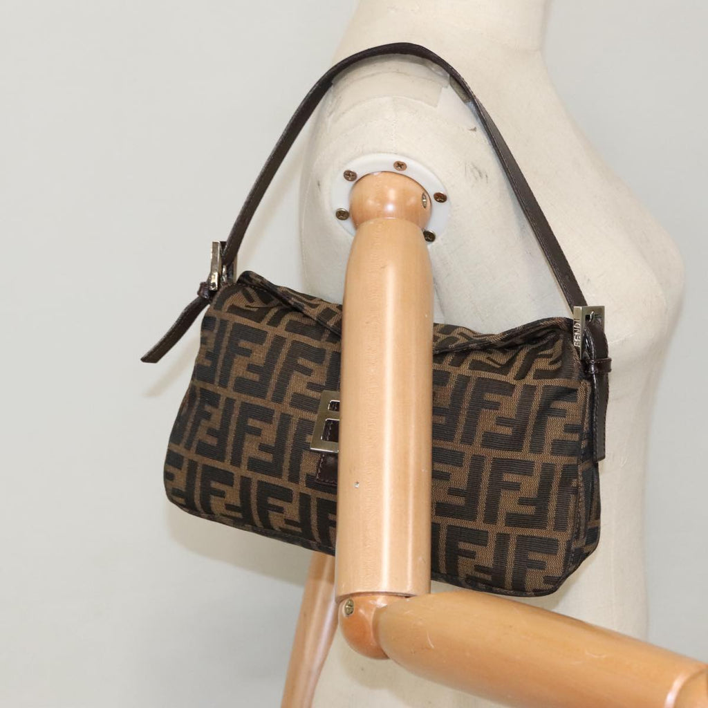 FENDI Zucca Canvas Mamma Baguette Shoulder Bag Black Brown Silver 95783A