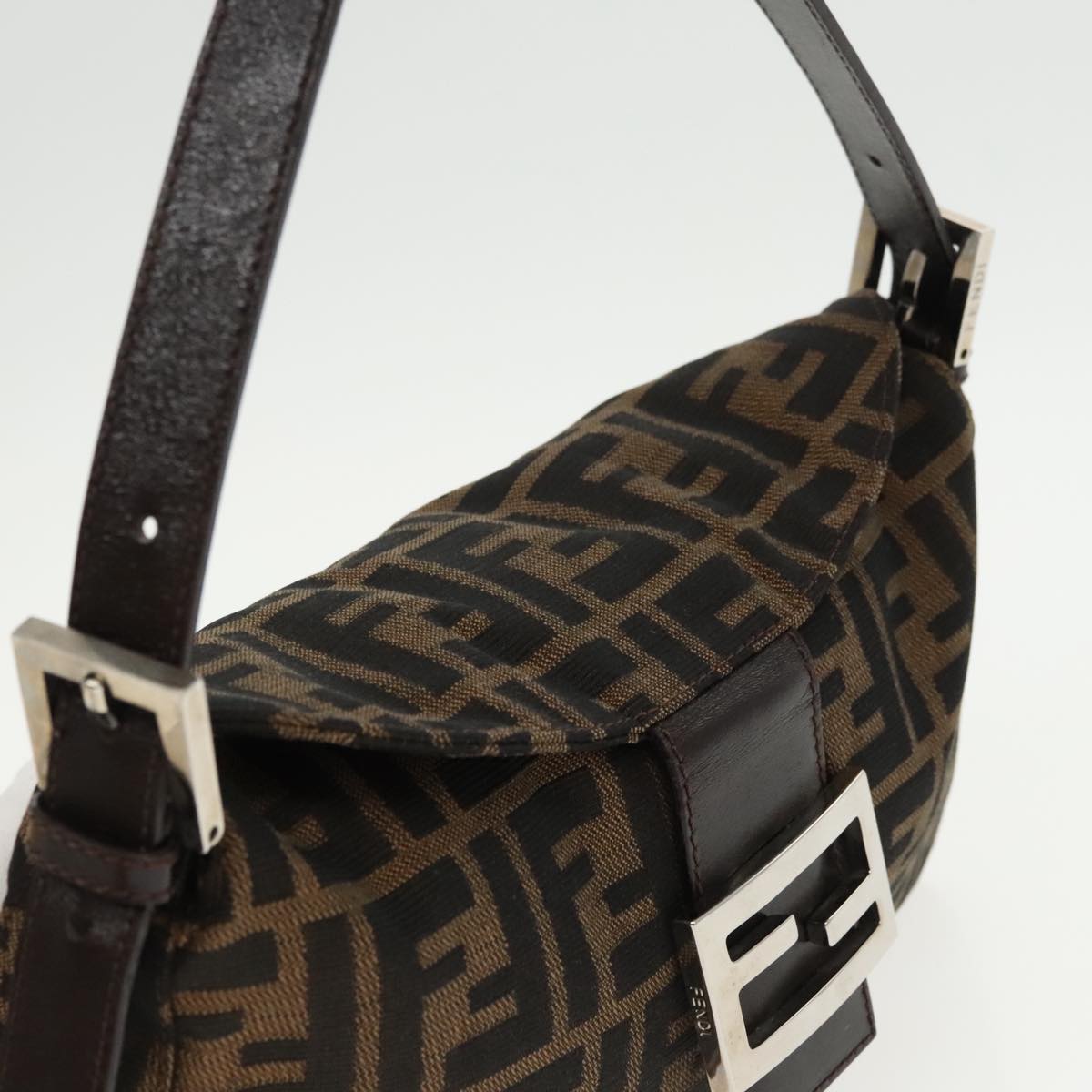 FENDI Zucca Canvas Mamma Baguette Shoulder Bag Black Brown Silver 95783A