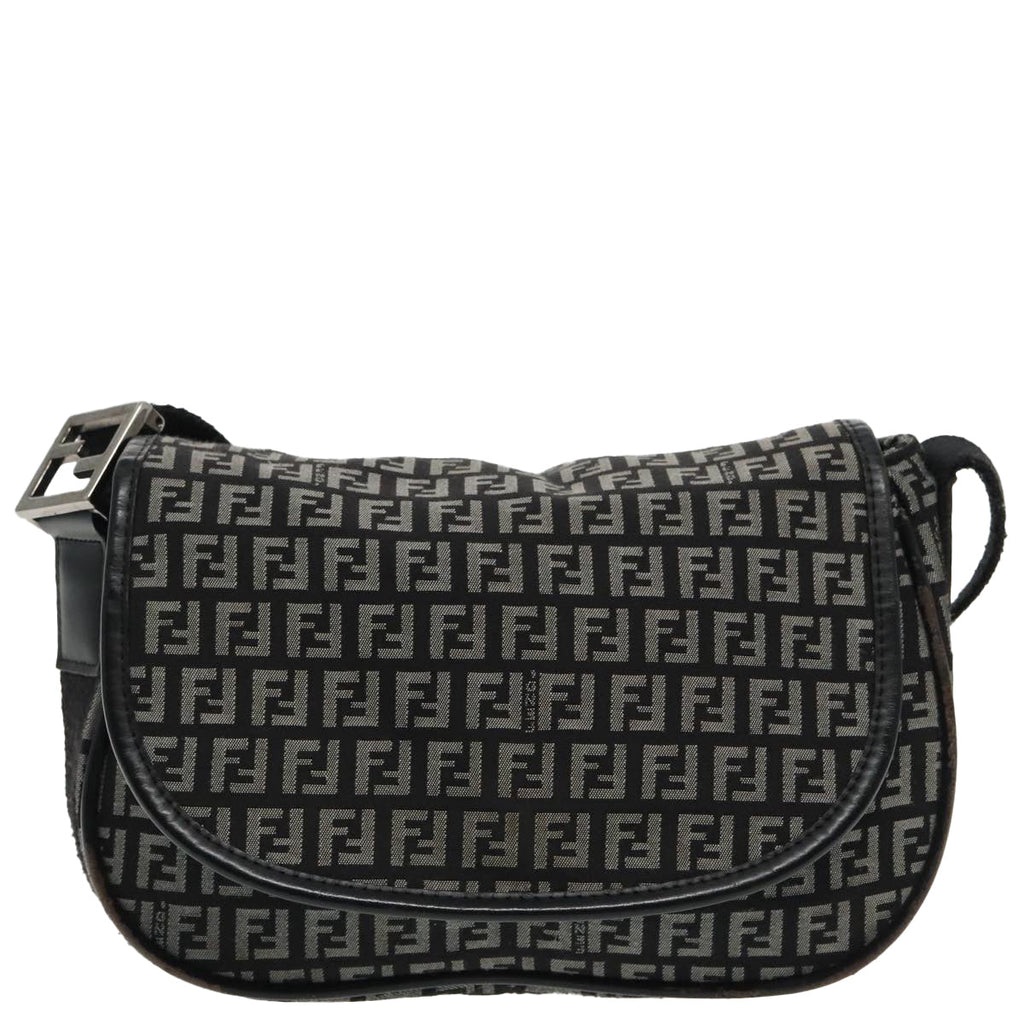 FENDI Zucchino Canvas Shoulder Bag Black 95866