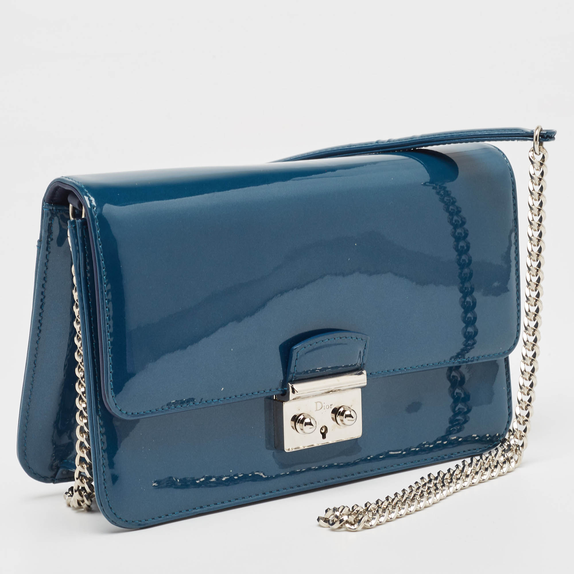 Dior Dark Blue Patent Leather Miss Dior Promenade Wallet On Chain
