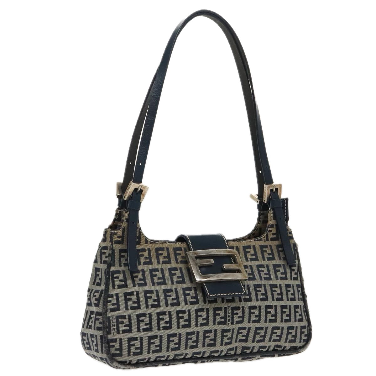 FENDI Zucchino Canvas Mamma Shoulder Bag Navy Silver 96172