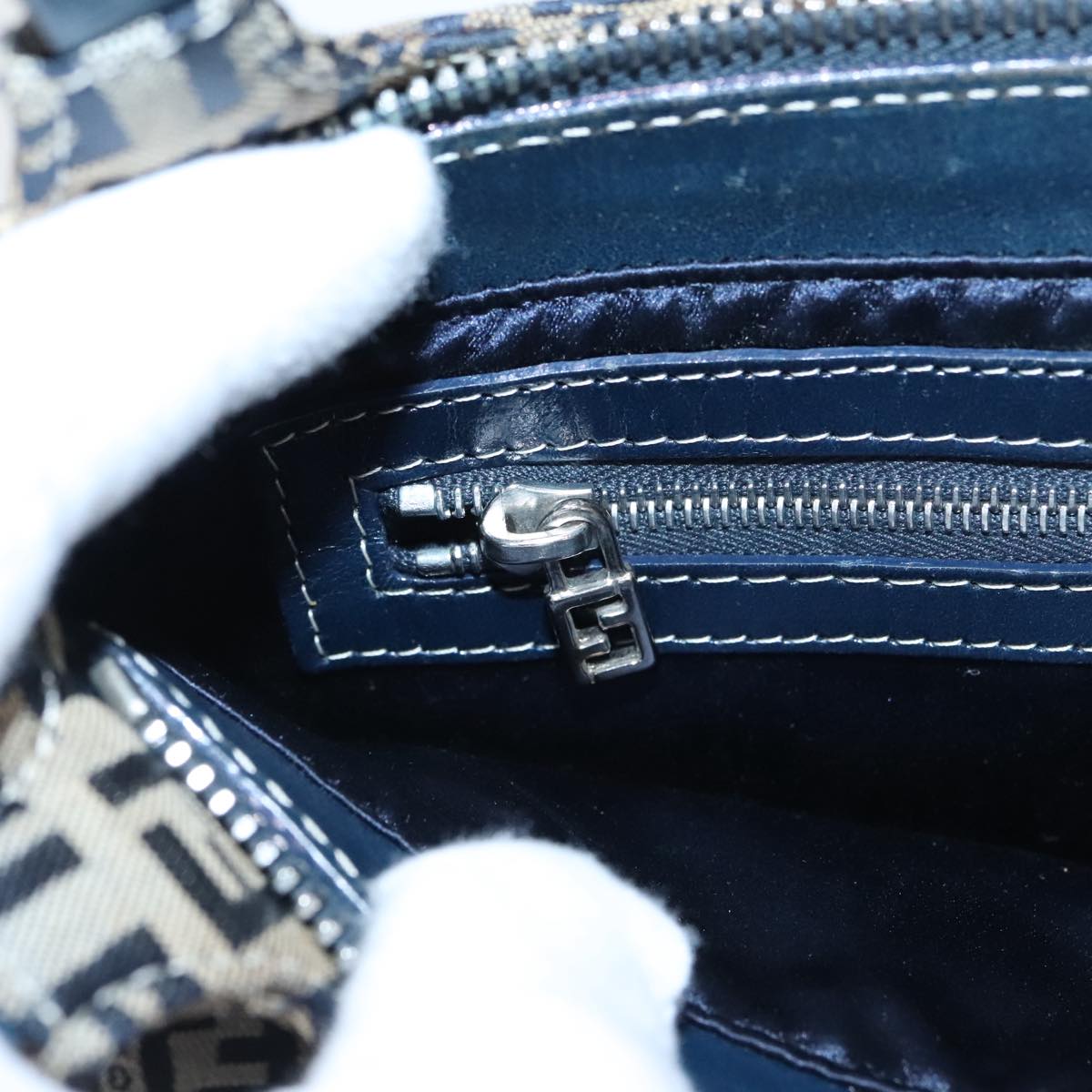 FENDI Zucchino Canvas Mamma Shoulder Bag Navy Silver 96172
