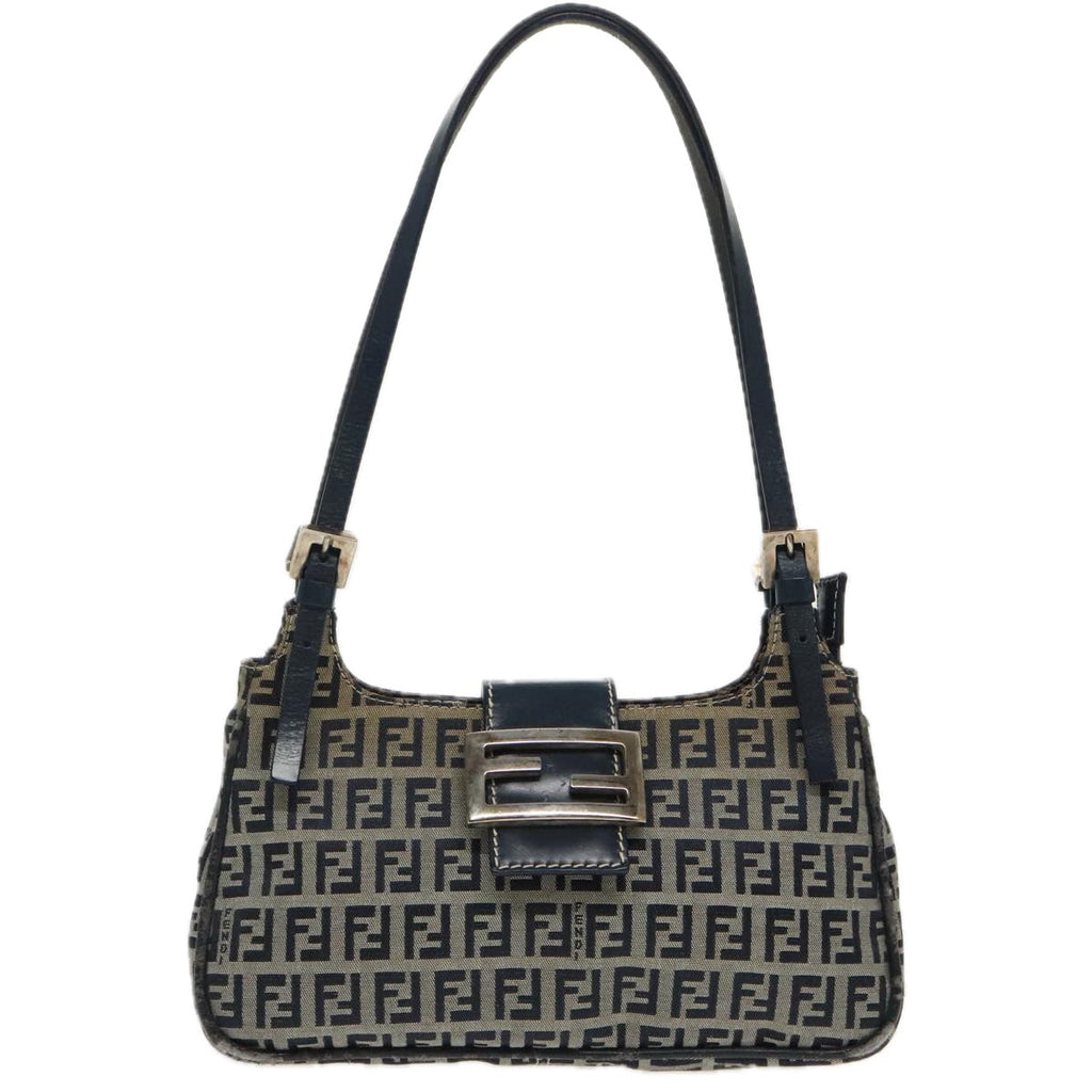 FENDI Zucchino Canvas Mamma Shoulder Bag Navy Silver 96172