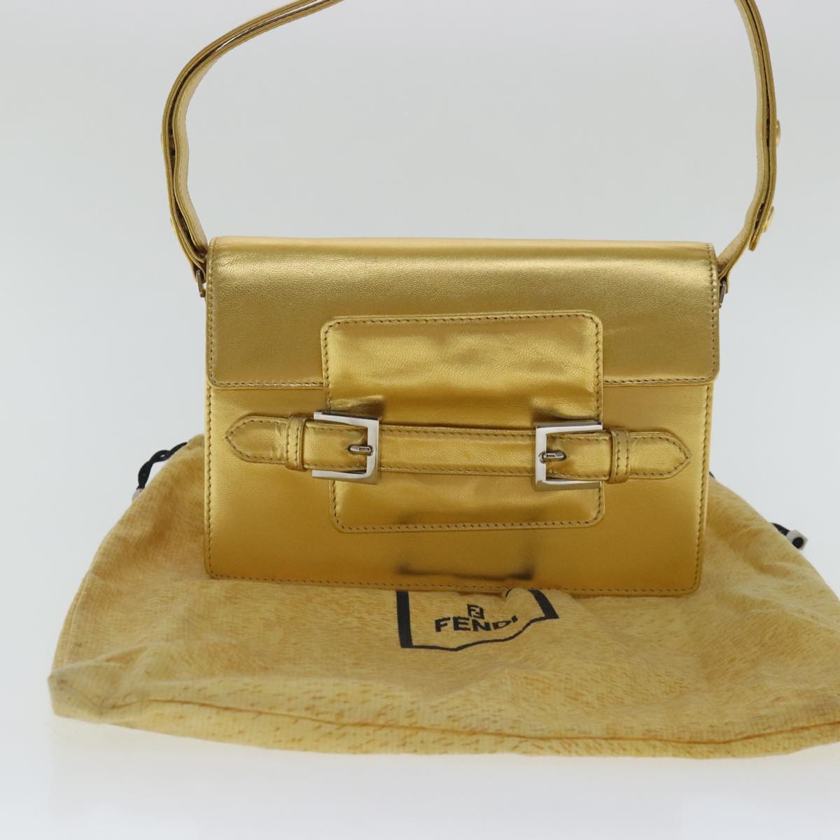 FENDI Hand Bag Leather Silver Gold 96184