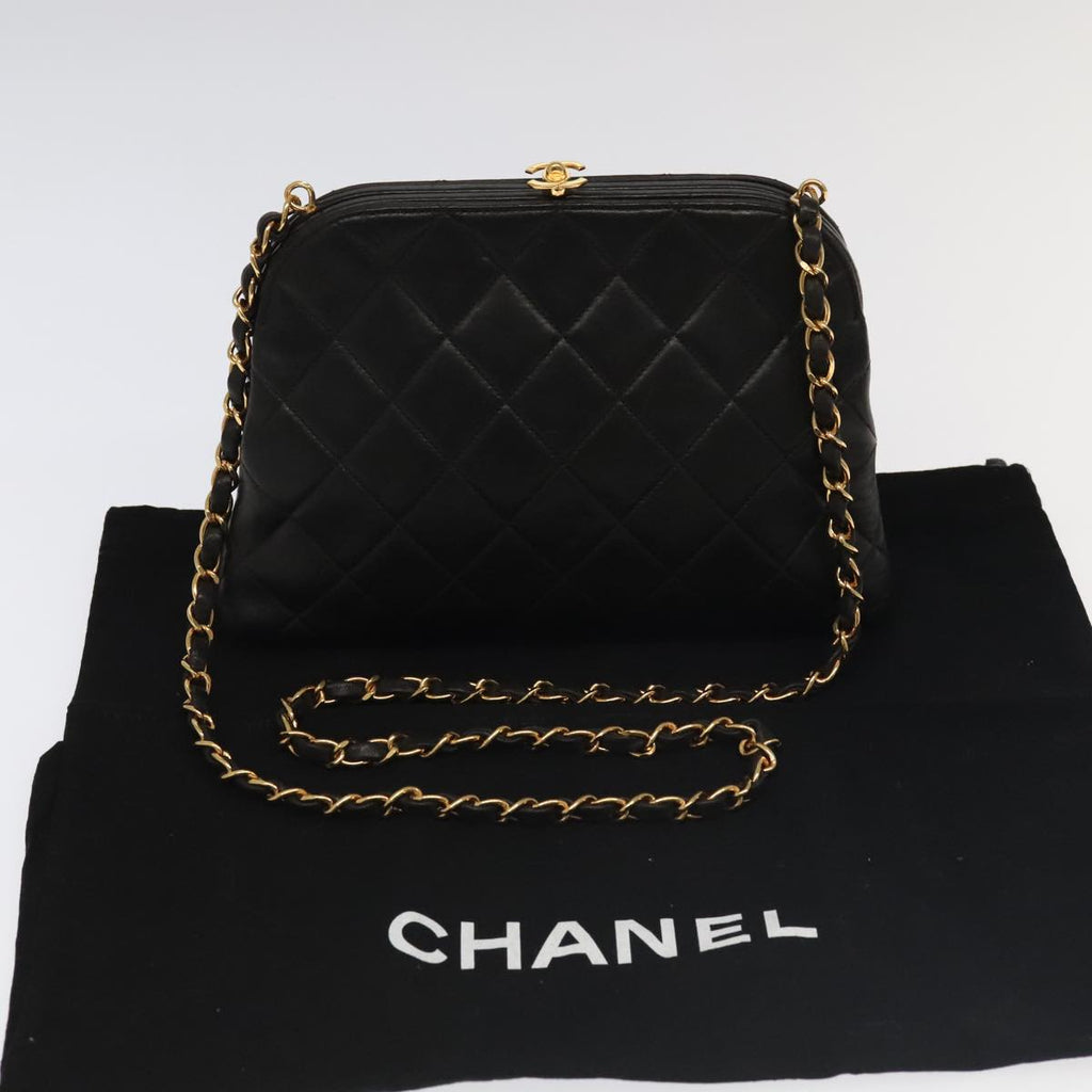 CHANEL Matelasse Chain Shoulder Bag Lamb Skin Black Gold CC 96218A