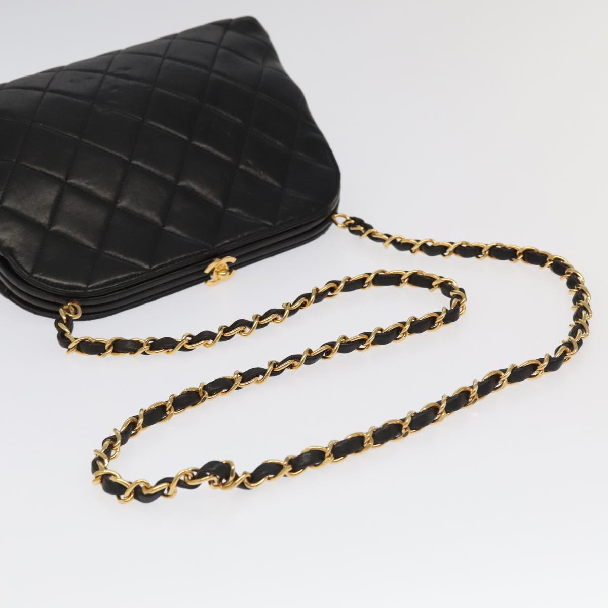 CHANEL Matelasse Chain Shoulder Bag Lamb Skin Black Gold CC 96218A