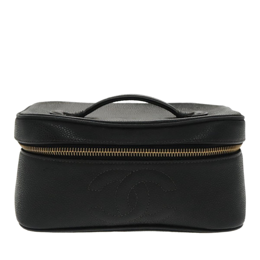 CHANEL Vanity COCO Mark Pouch Caviar Skin Black Gold CC 96508