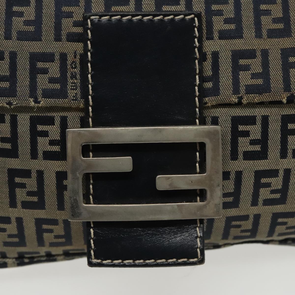 FENDI Zucchino Canvas Mamma Baguette Shoulder Bag Navy Silver 96518