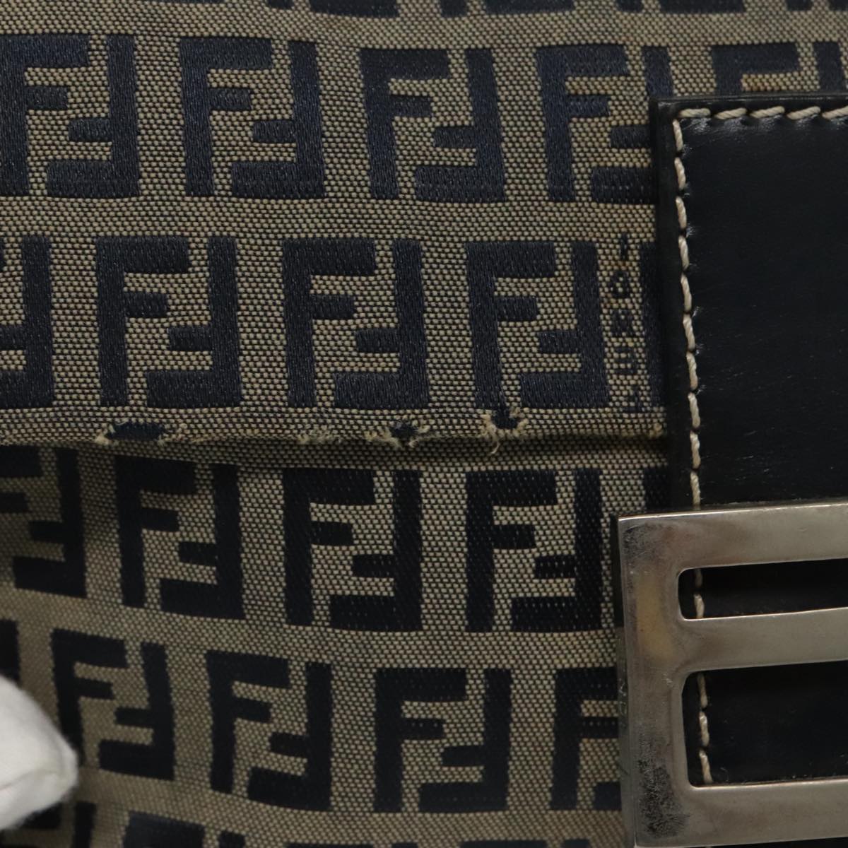 FENDI Zucchino Canvas Mamma Baguette Shoulder Bag Navy Silver 96518