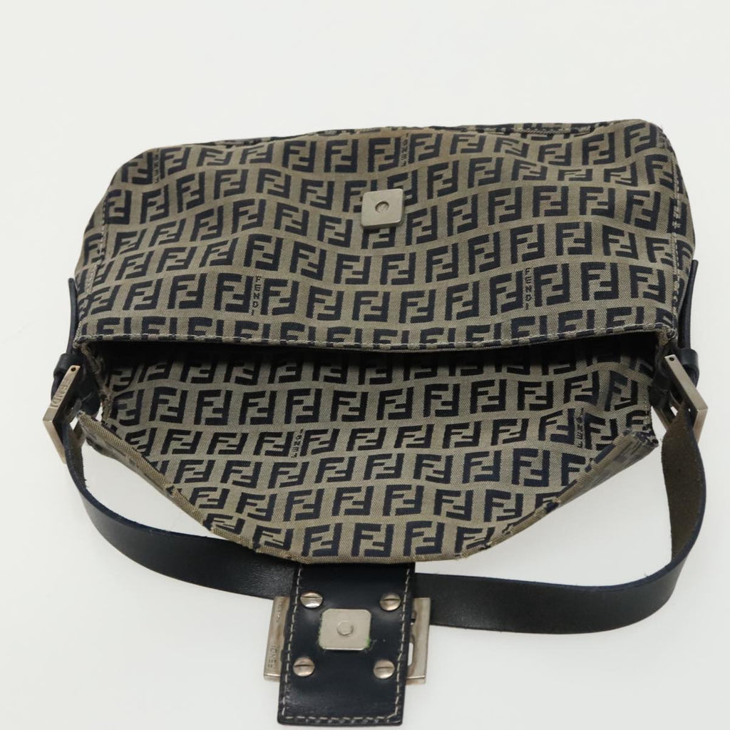 FENDI Zucchino Canvas Mamma Baguette Shoulder Bag Navy Silver 96518