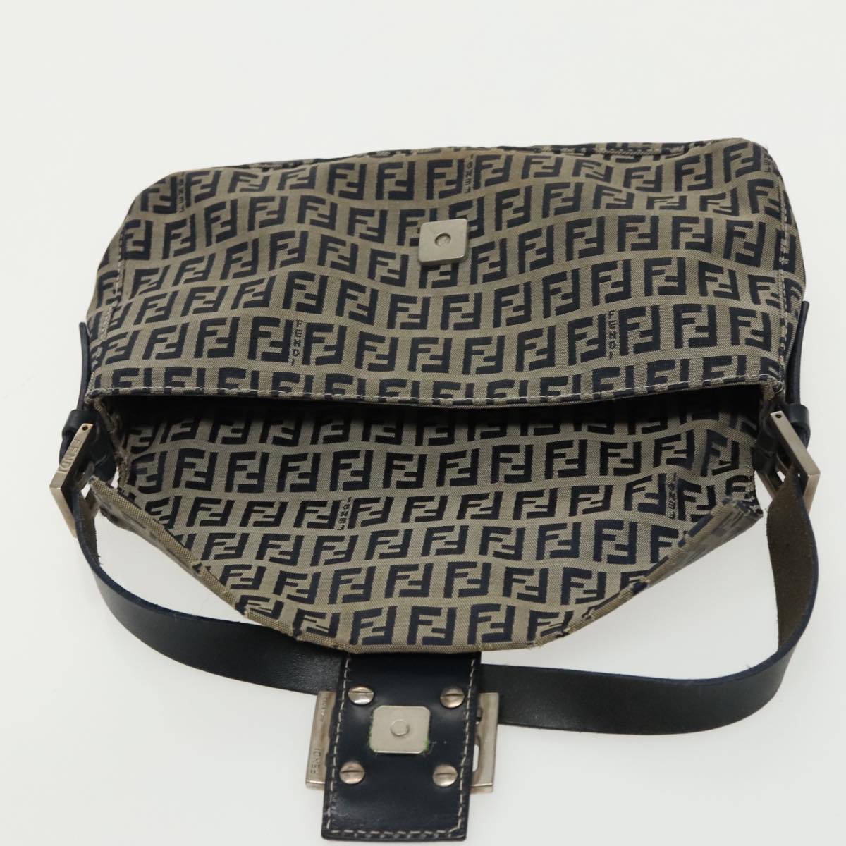 FENDI Zucchino Canvas Mamma Baguette Shoulder Bag Navy Silver 96518