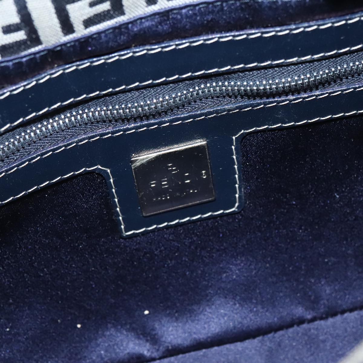 FENDI Zucchino Canvas Mamma Baguette Shoulder Bag Navy Silver 96518