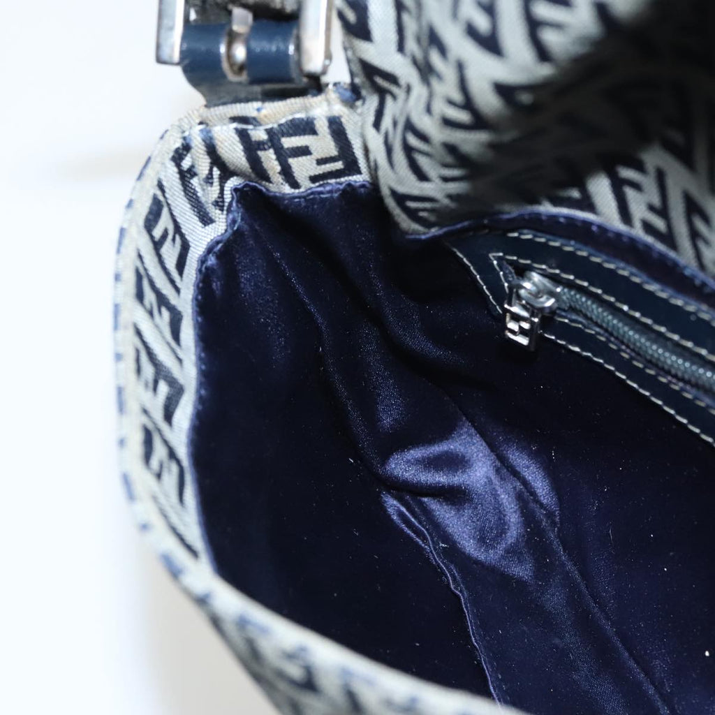 FENDI Zucchino Canvas Mamma Baguette Shoulder Bag Navy Silver 96518