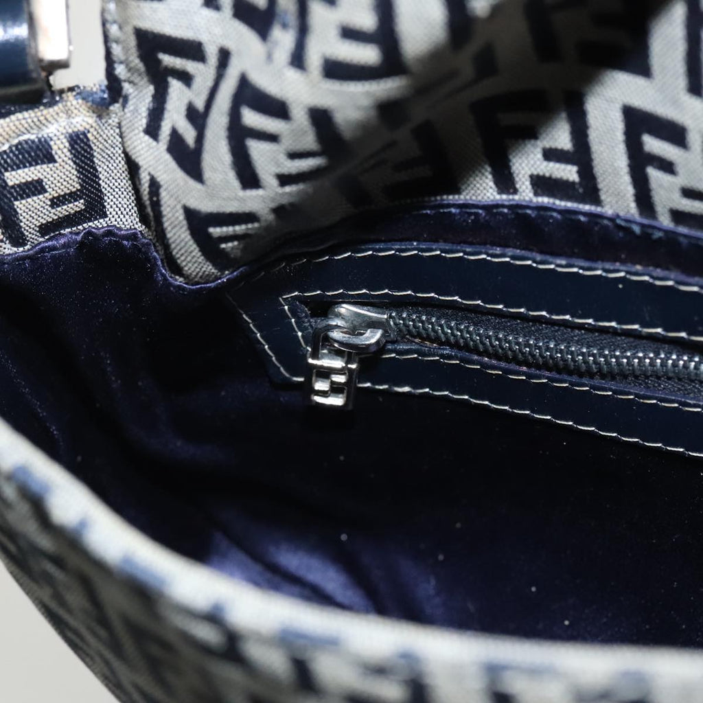 FENDI Zucchino Canvas Mamma Baguette Shoulder Bag Navy Silver 96518