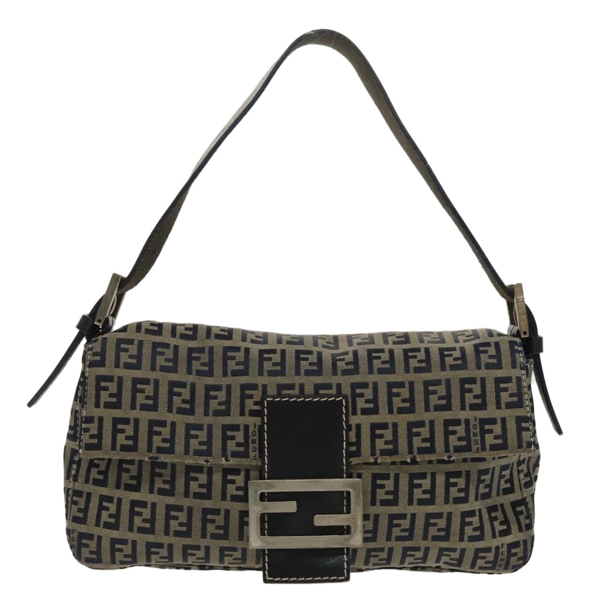 FENDI Zucchino Canvas Mamma Baguette Shoulder Bag Navy Silver 96518