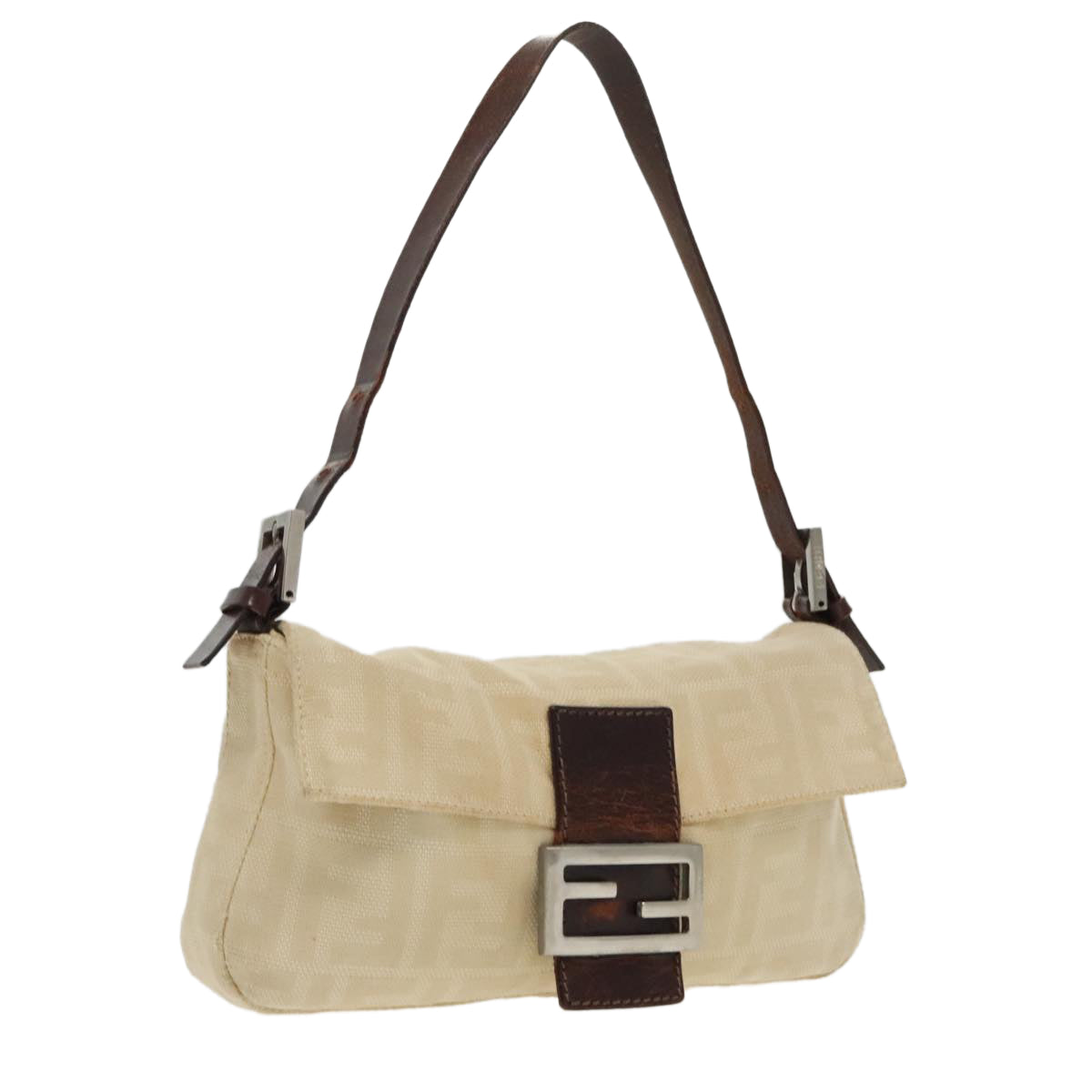 FENDI Zucca Canvas Mamma Baguette Shoulder Bag Beige Silver 96599