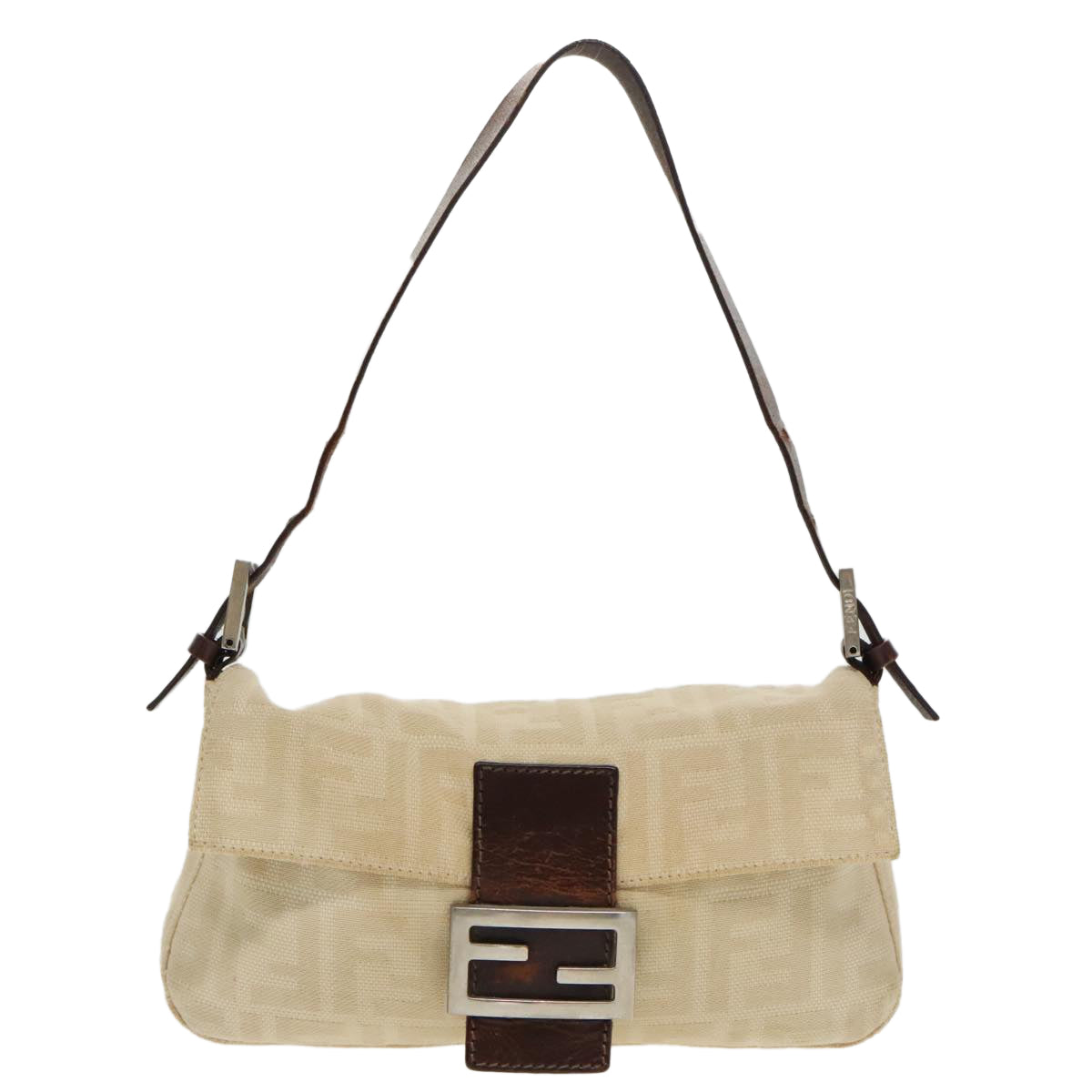 FENDI Zucca Canvas Mamma Baguette Shoulder Bag Beige Silver 96599