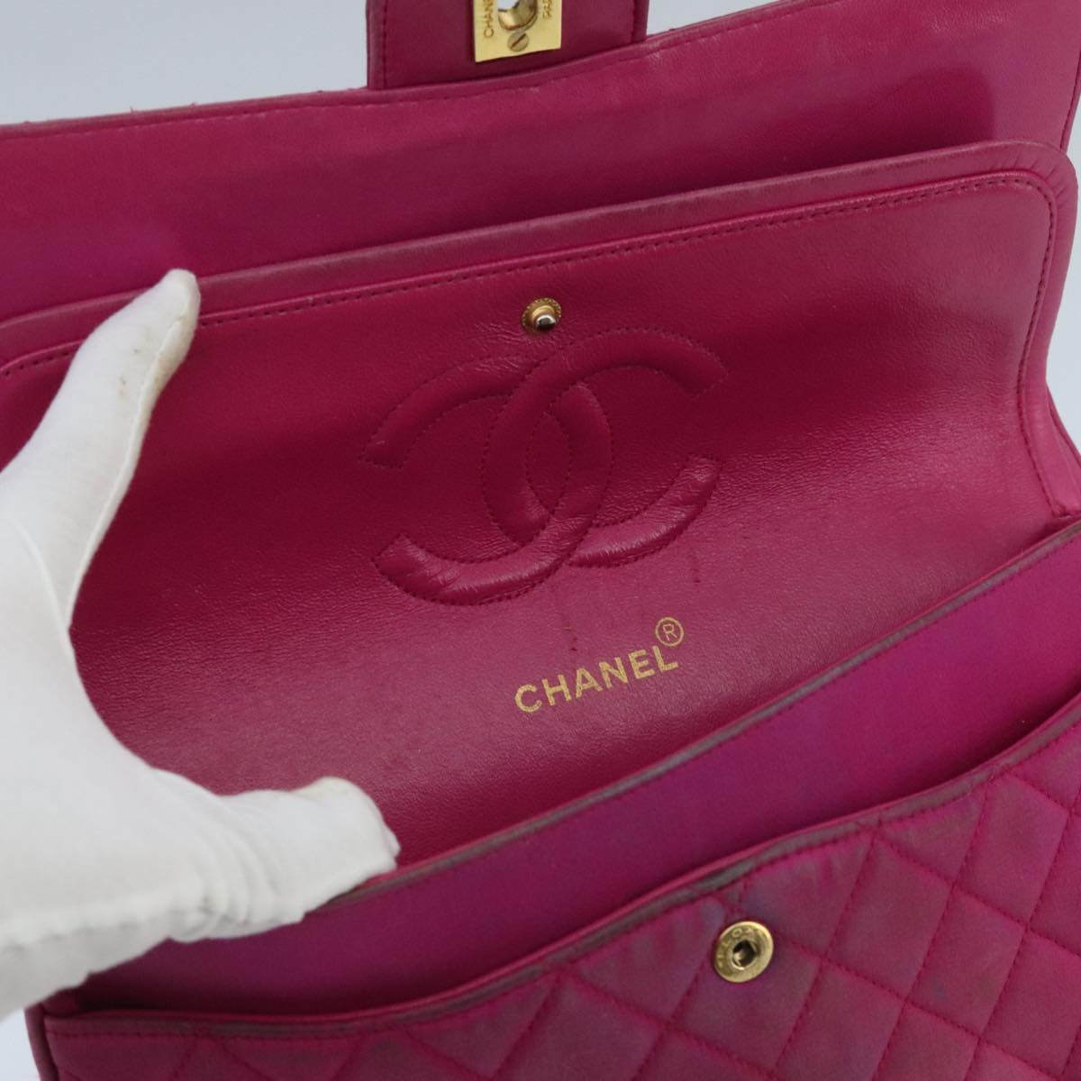 CHANEL Matelasse Chain Shoulder Bag Satin Gold Pink CC 96601