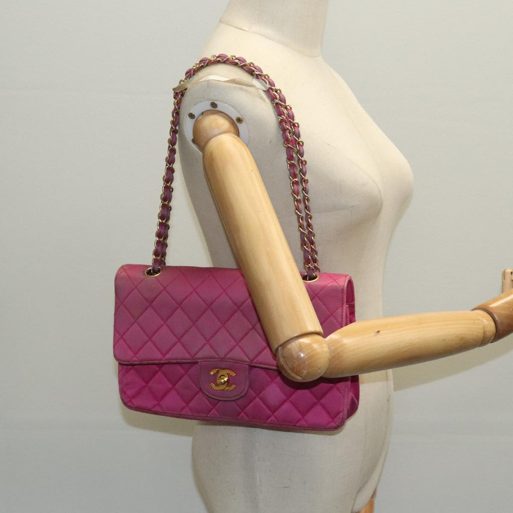 CHANEL Matelasse Chain Shoulder Bag Satin Gold Pink CC 96601