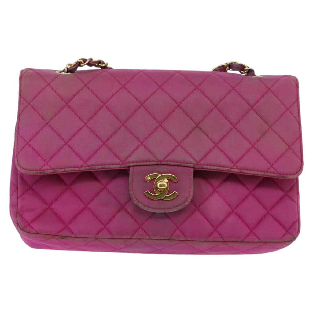 CHANEL Matelasse Chain Shoulder Bag Satin Gold Pink CC 96601