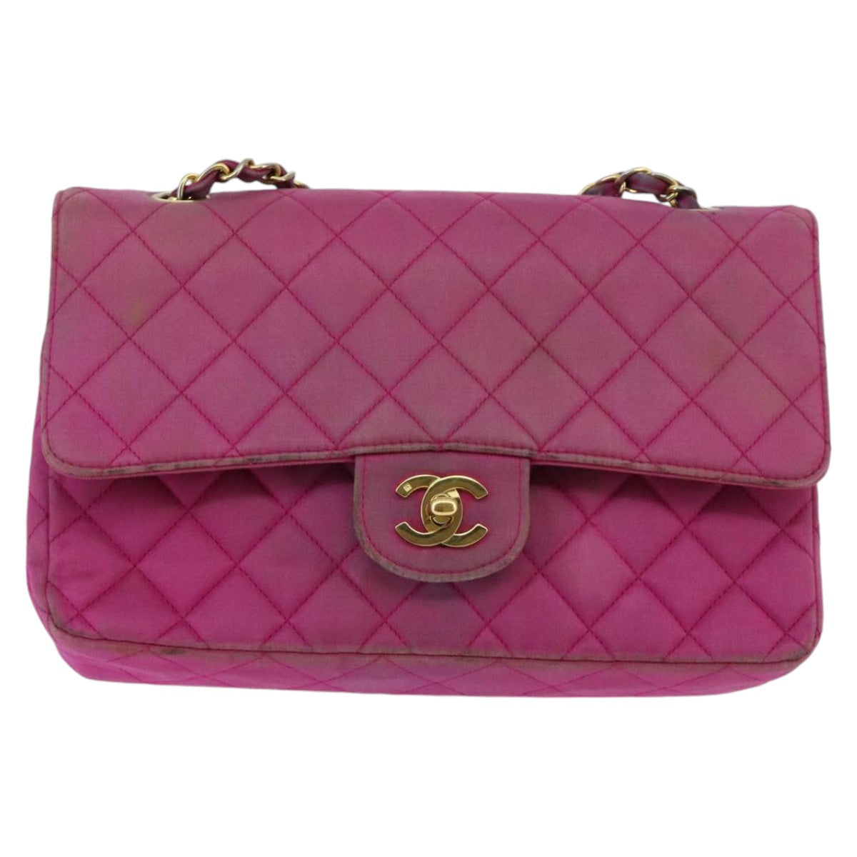 CHANEL Matelasse Chain Shoulder Bag Satin Gold Pink CC 96601