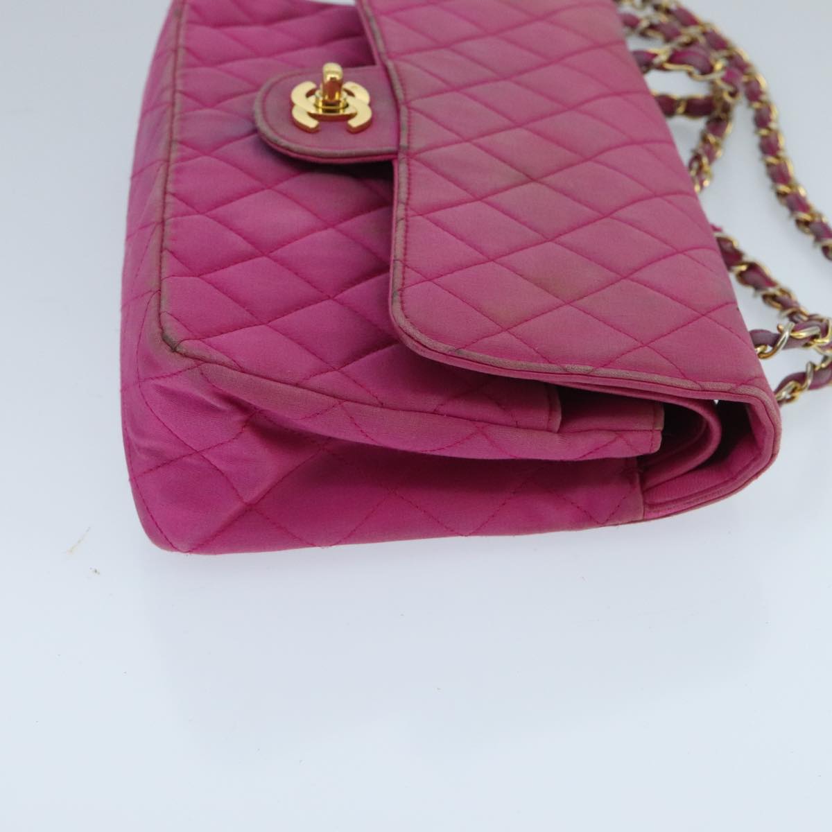 CHANEL Matelasse Chain Shoulder Bag Satin Gold Pink CC 96601