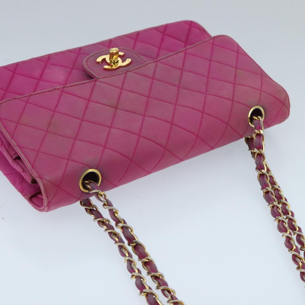 CHANEL Matelasse Chain Shoulder Bag Satin Gold Pink CC 96601