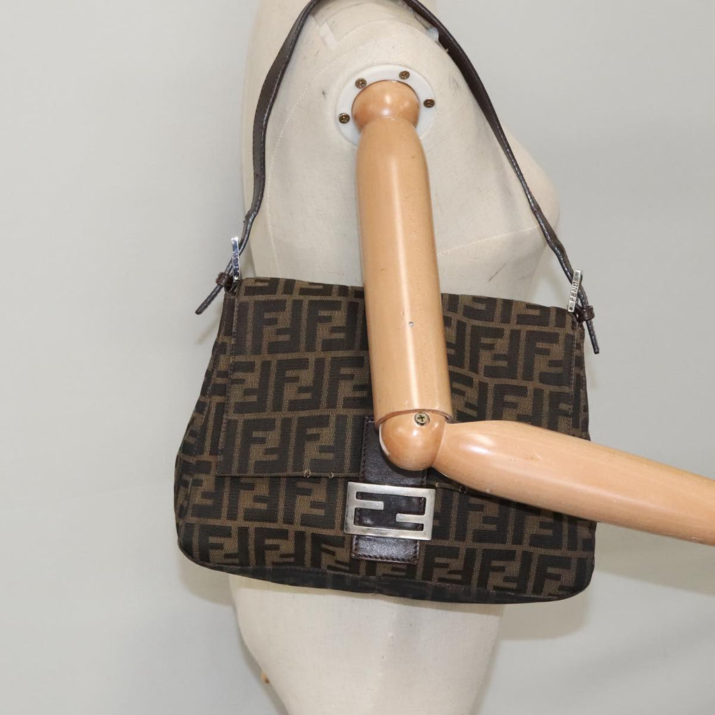 FENDI Zucca Canvas Mamma Baguette Shoulder Bag Black Brown Silver 96635