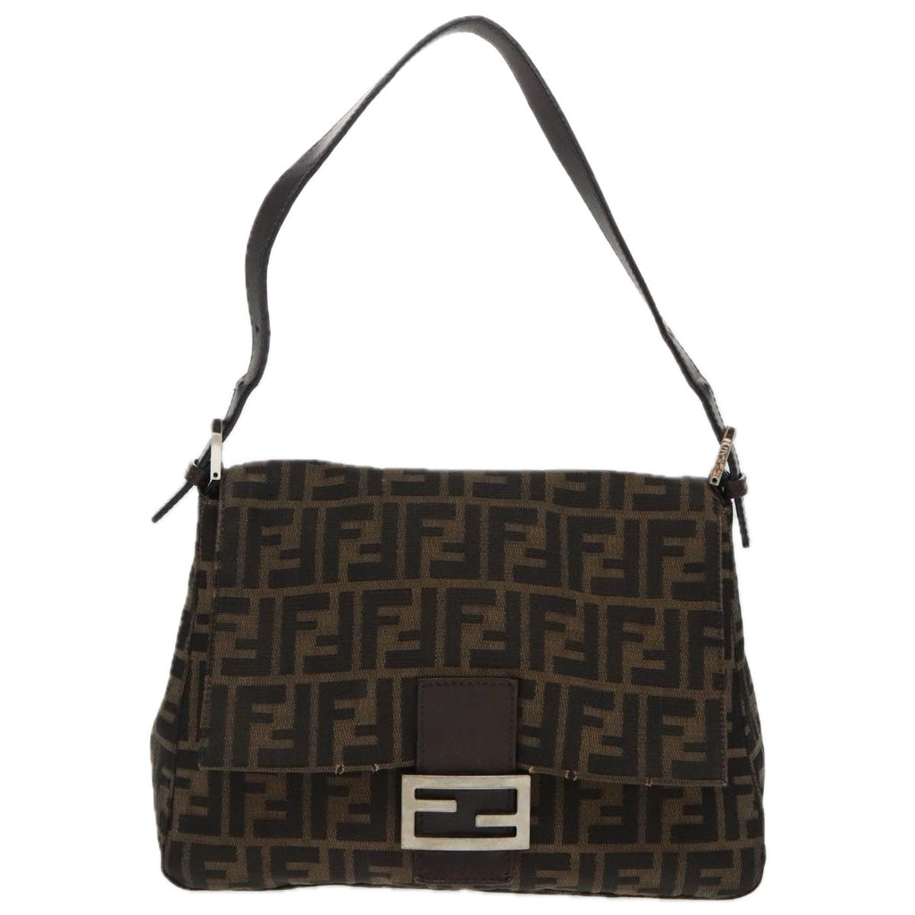 FENDI Zucca Canvas Mamma Baguette Shoulder Bag Black Brown Silver 96635