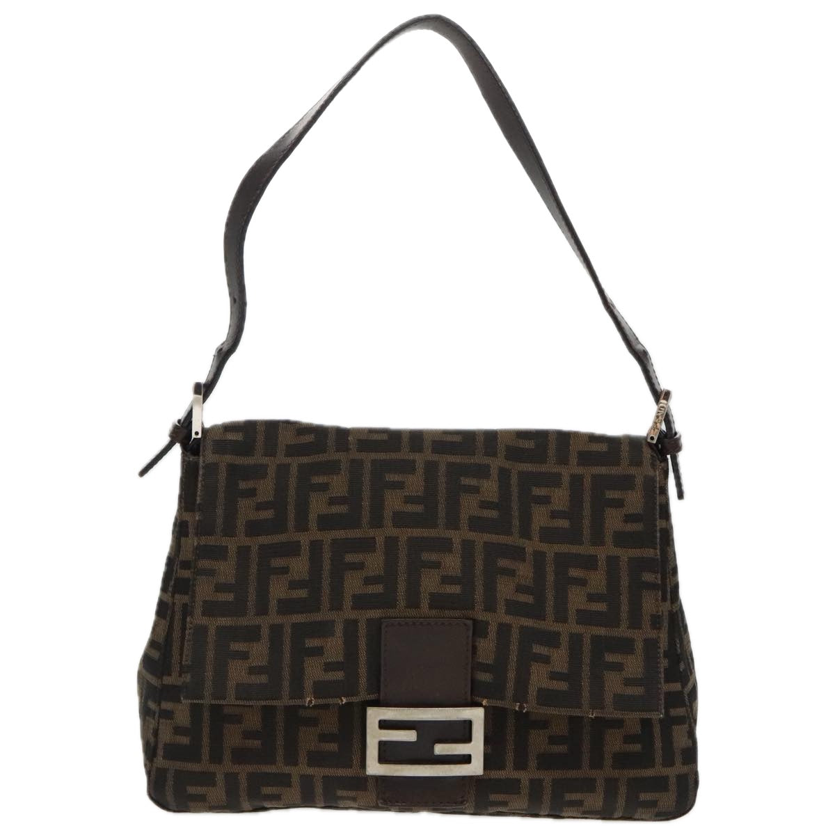 FENDI Zucca Canvas Mamma Baguette Shoulder Bag Black Brown Silver 96635