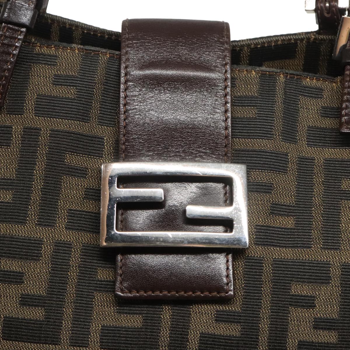 FENDI Zucca Canvas Mamma Baguette Shoulder Bag Black Brown Silver 96636