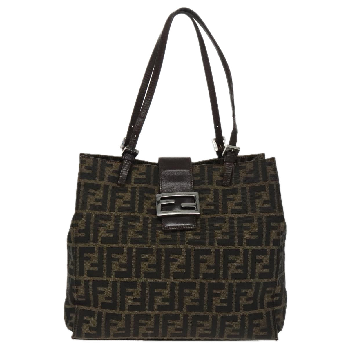 FENDI Zucca Canvas Mamma Baguette Shoulder Bag Black Brown Silver 96636