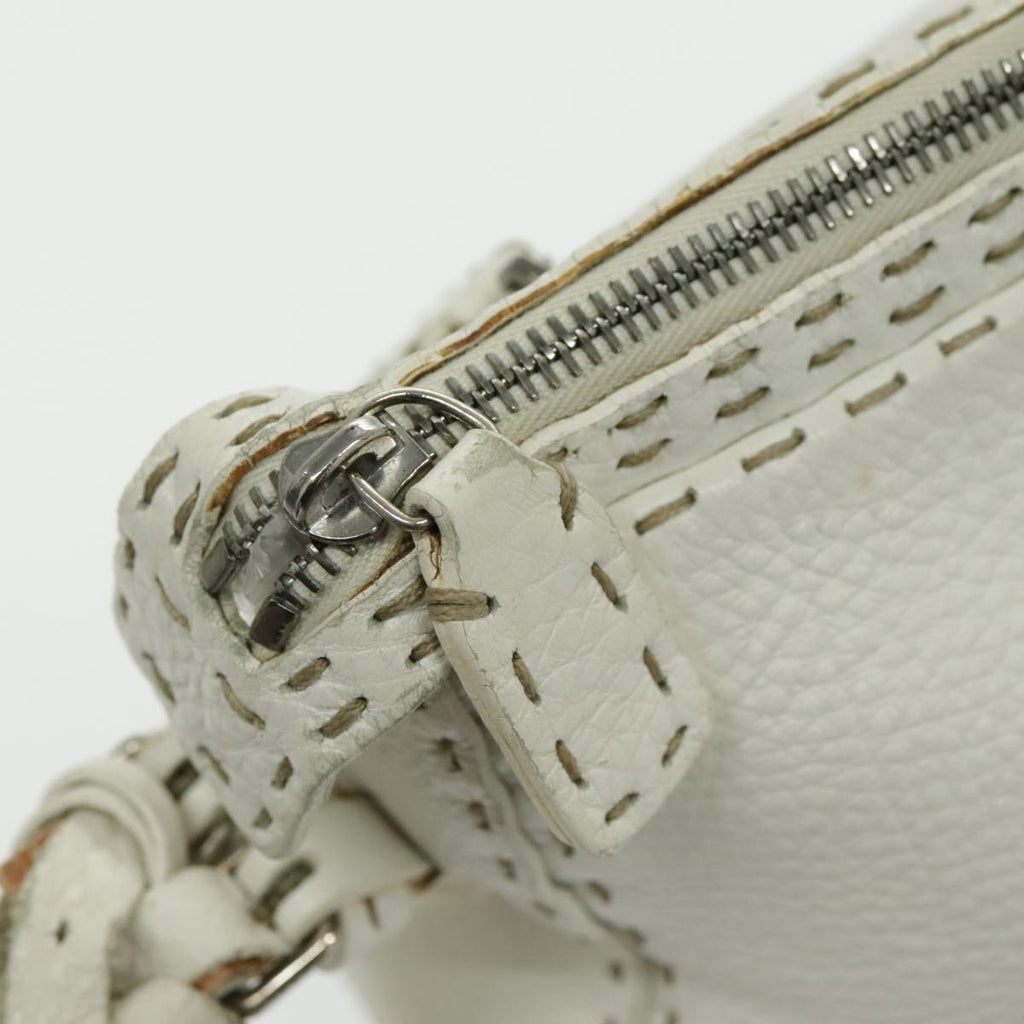 FENDI Shoulder Bag Leather White Silver 96639